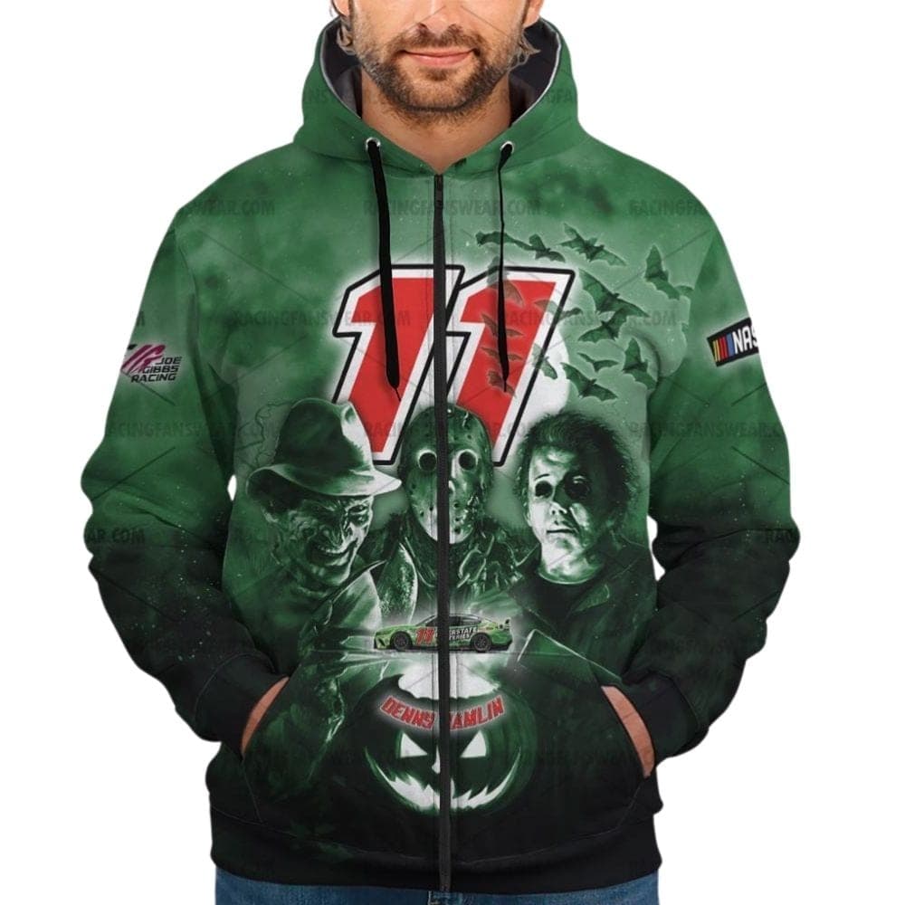 Denny Hamlin 11 Nascar Racing With Michael Myers Friends Horror Halloween All Over Print Hoodie
